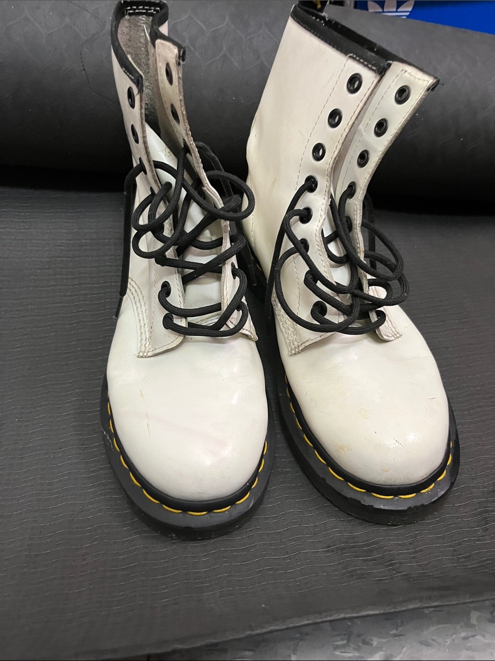 Dr. Martens White Leather Lace-Up Boots with Yellow Stitching